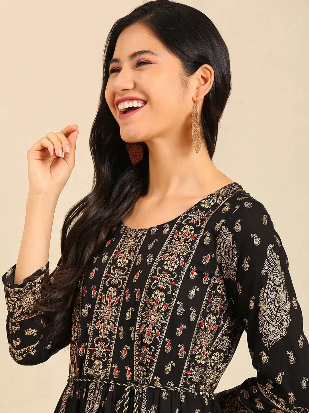 Black Printed Anarkali Kurta for Women - Cotton Anarkali Gown