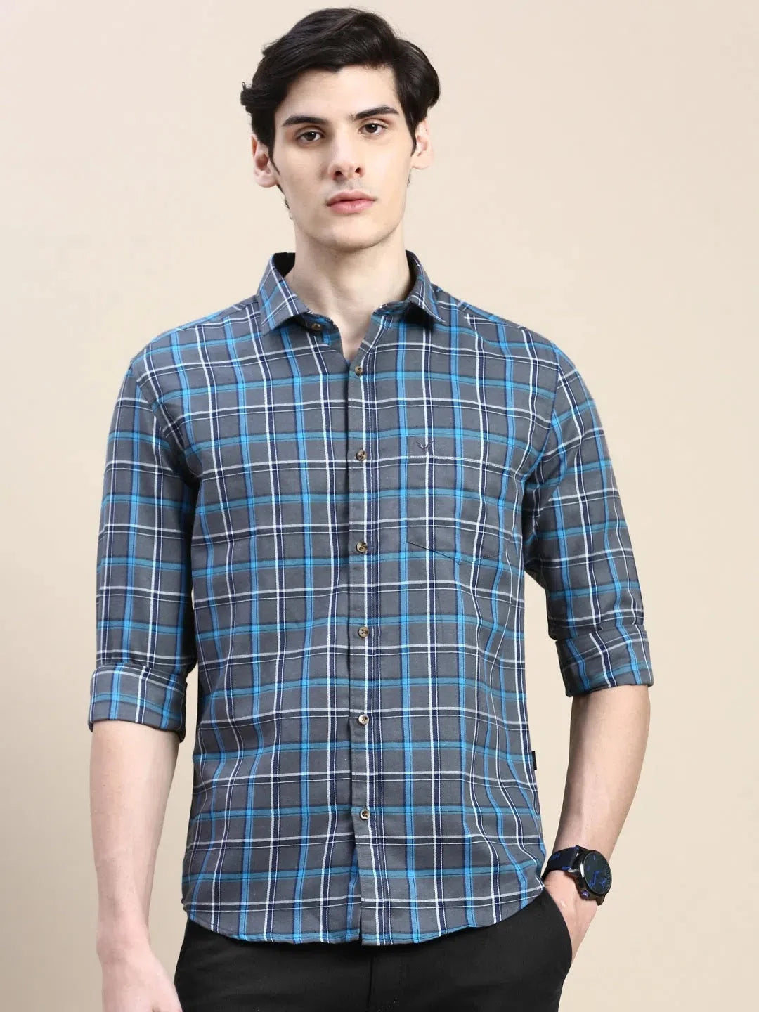 Grey Checked Cotton Mens Shirt - Casual Style