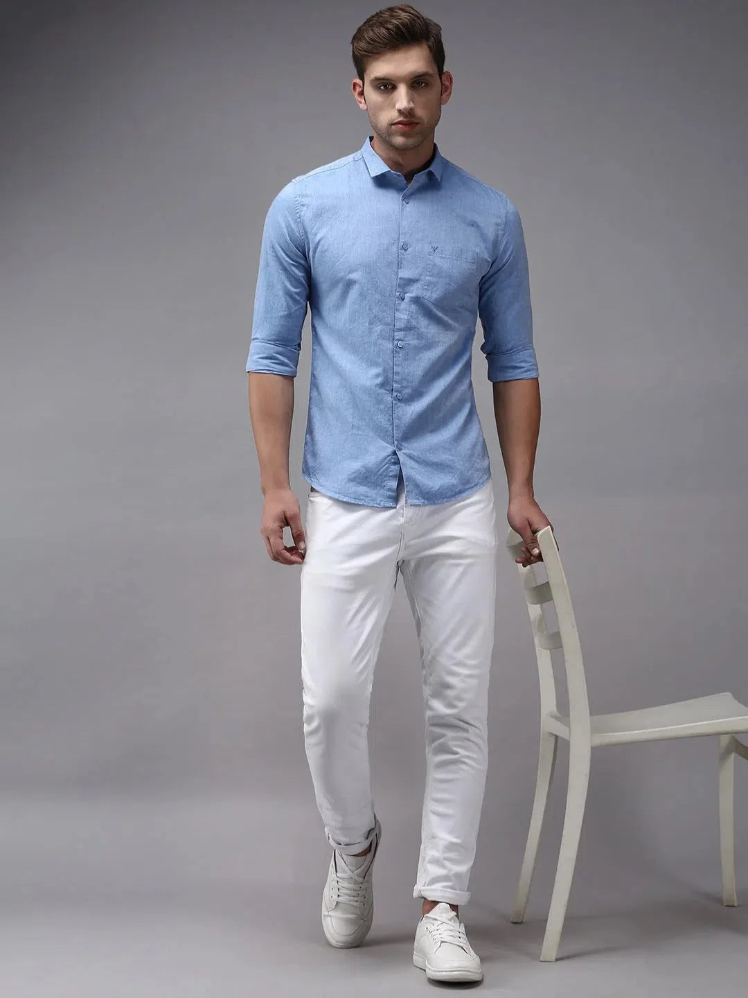 Blue Solid Mens Shirt - Casual Cotton Linen Shirt | DesiQlo