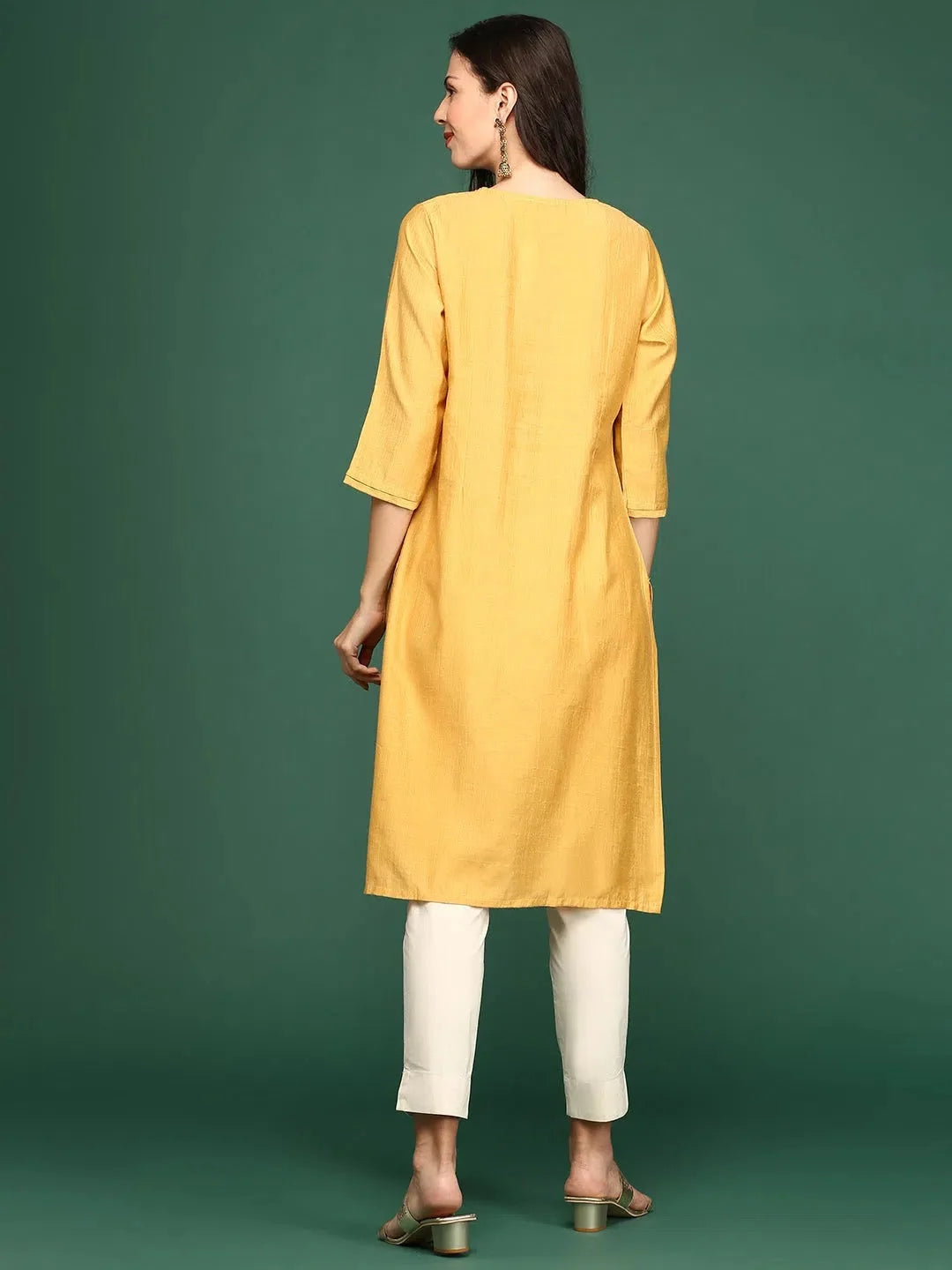 Embellished Mustard Cotton Kurta - Indian Kurta Ladies Style