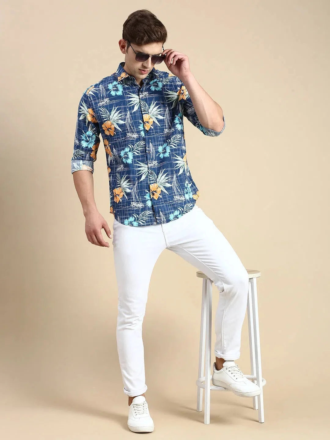 Men's Teal Printed Cotton Shirt | Casual Shirts - DesiQlo