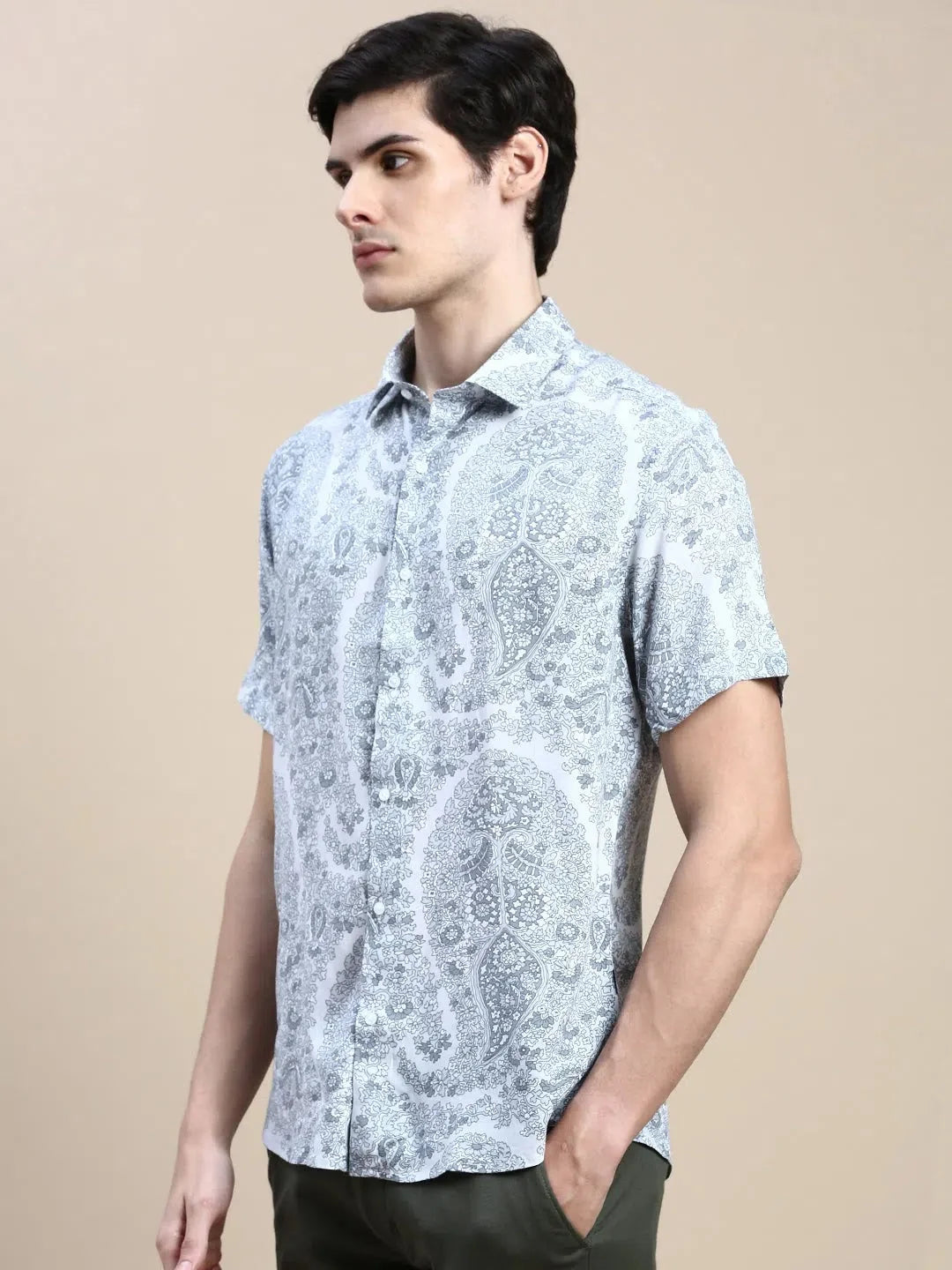 Mens Grey Floral Shirt - DesiQlo Cotton Printed Shirt