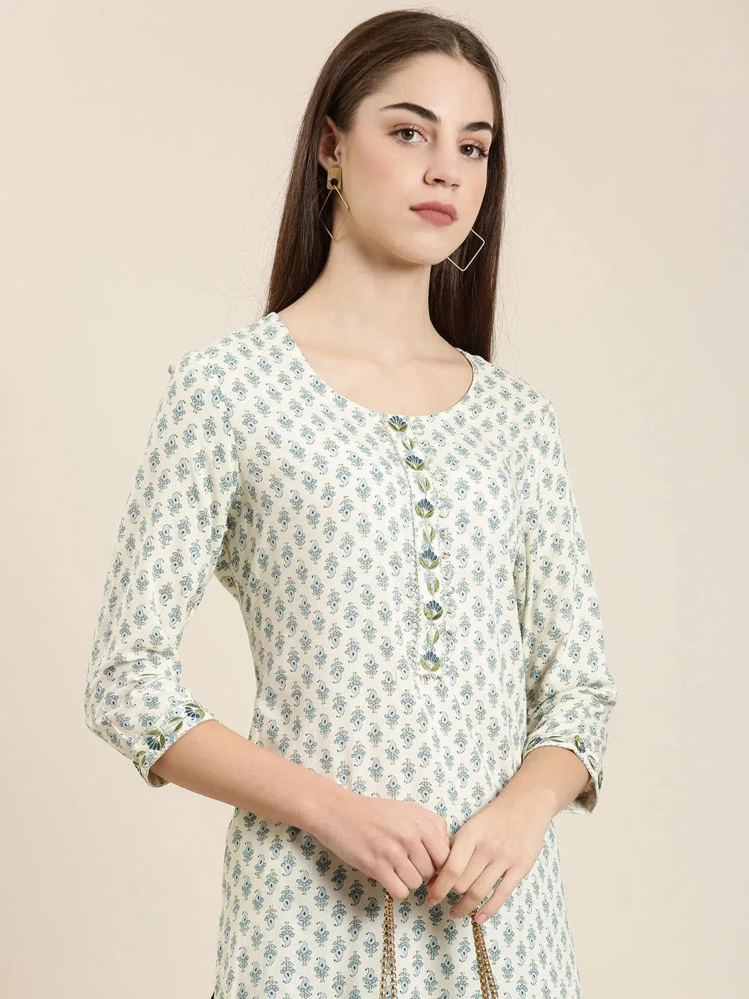 Off White Paisley Cotton Indian Kurta Ladies - DesiQlo