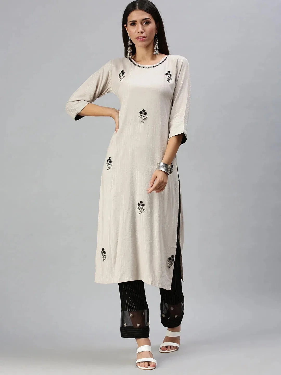 Grey Striped Kurta Sets: Women's Cotton Indian Kurta Sets