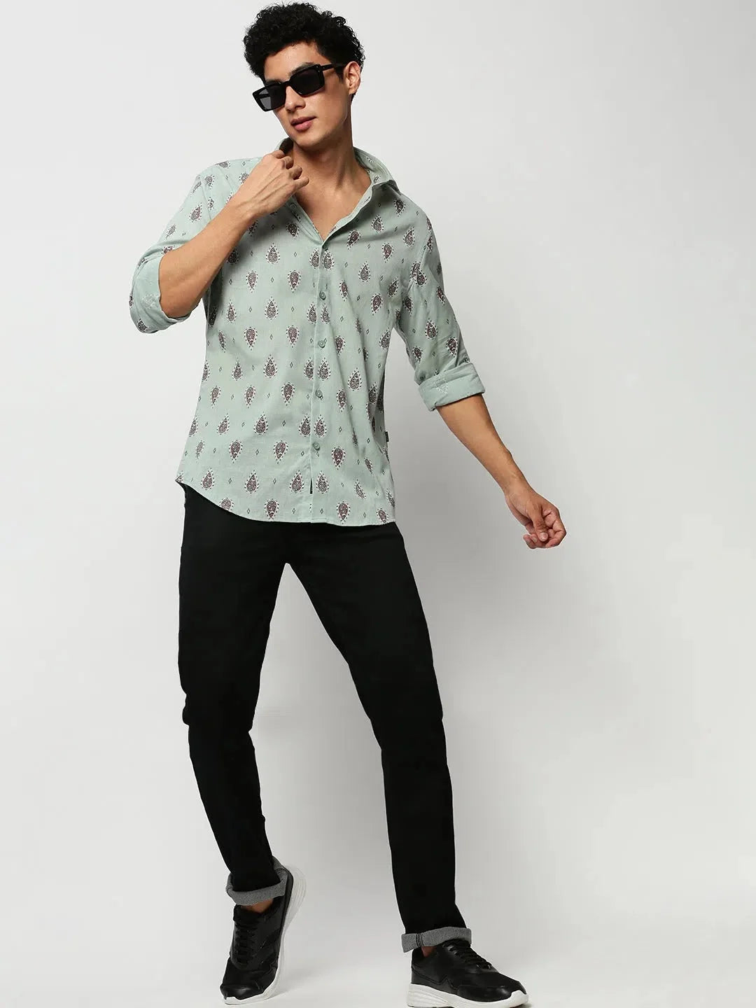 Green Ethnic Printed Mens Shirt - Cotton Casual | DesiQlo