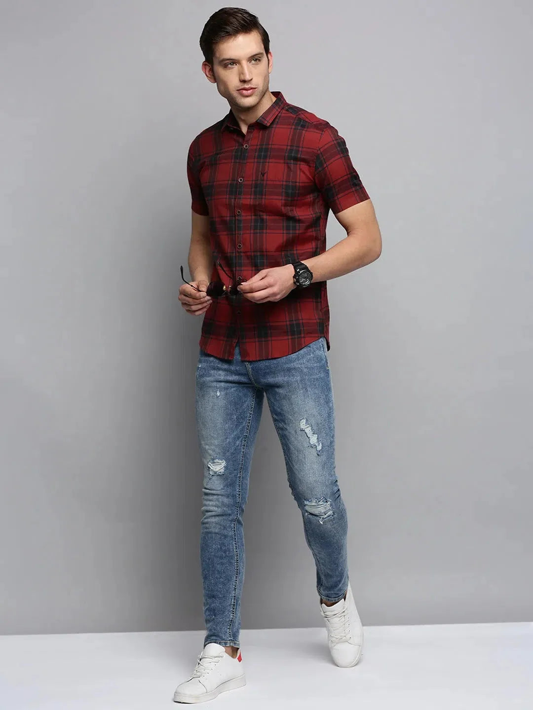 Maroon Checked Cotton Mens Shirt | Casual Style