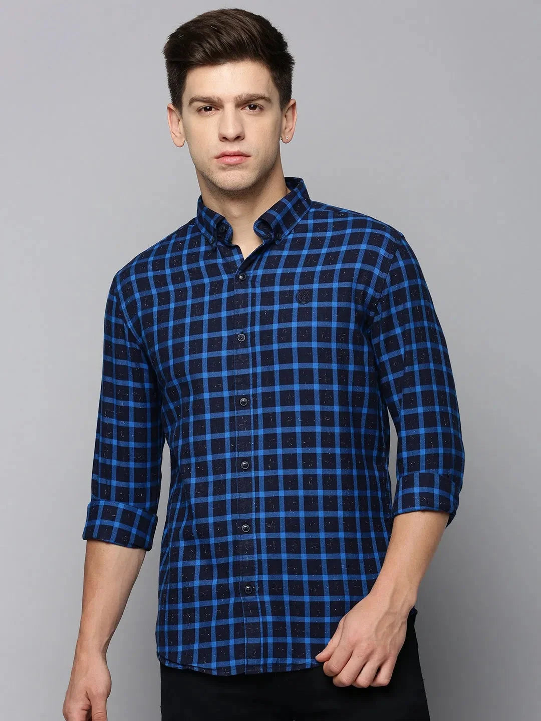Charming Men's Navy Checked Cotton Shirt | Casual Style