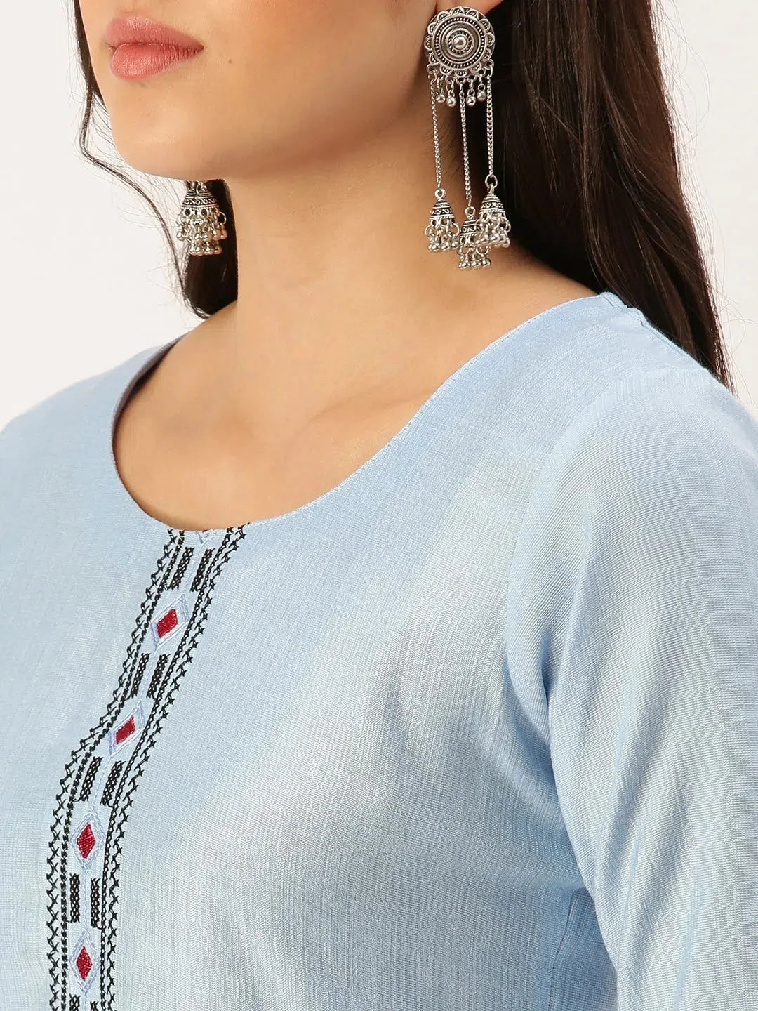 Blue Embroidered Cotton Kurta Indian Ladies Fashion | DesiQlo