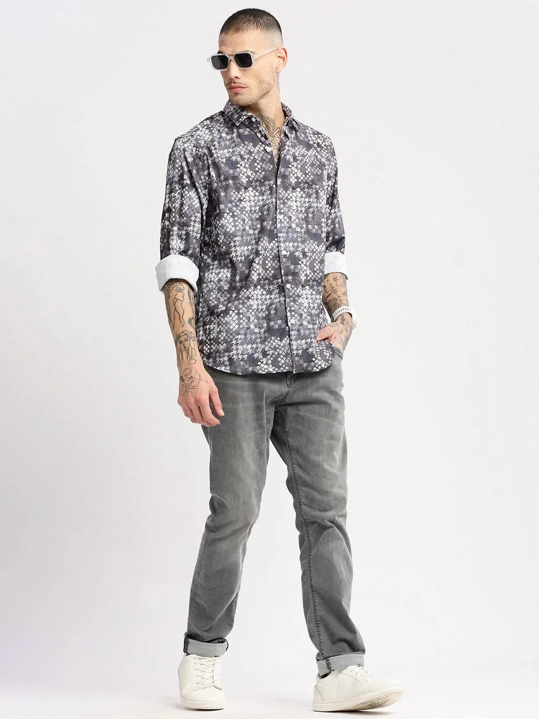 Geometric Grey Casual Shirt for Men - Kurta Pajama Outfit