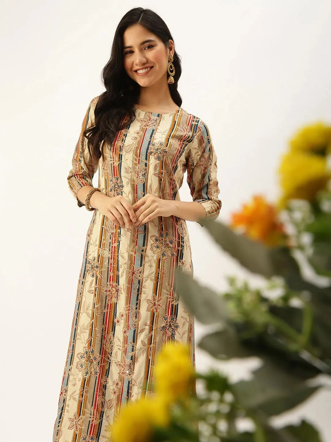 Beige Printed Cotton Kurtas - Stylish Indian Kurtis for Women