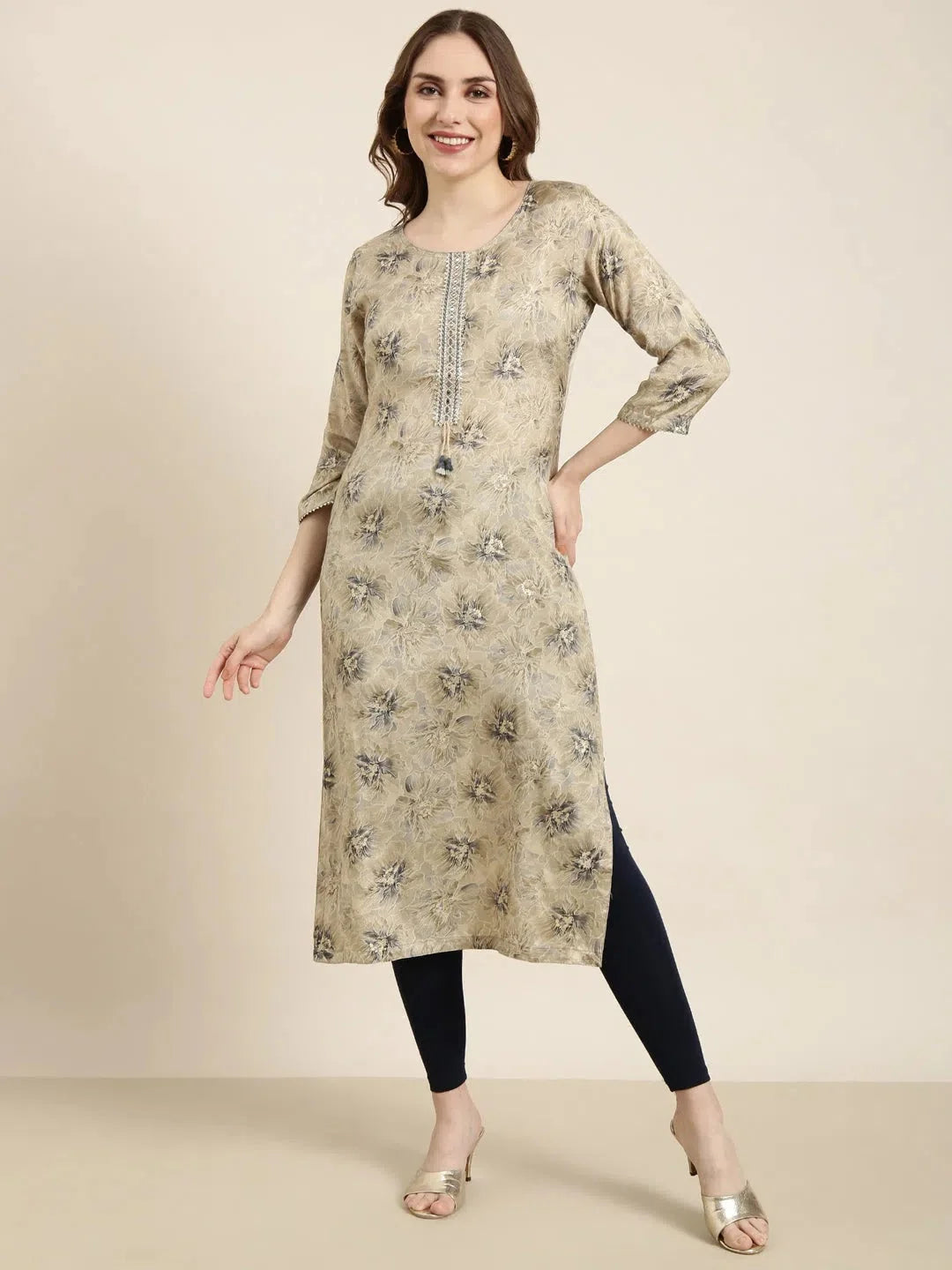 Beige Floral Viscose Kurta for Women | Indian Kurti Styles