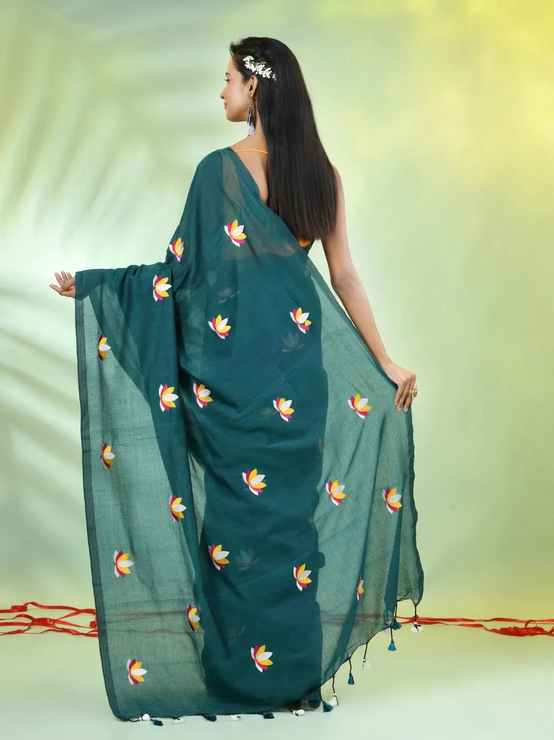 Teal Green Embroidered Cotton Saree | Indian Sarees