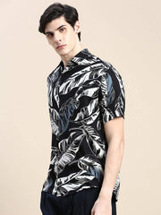 Men Black Floral Casual Shirt-GEORGE-1616-Black