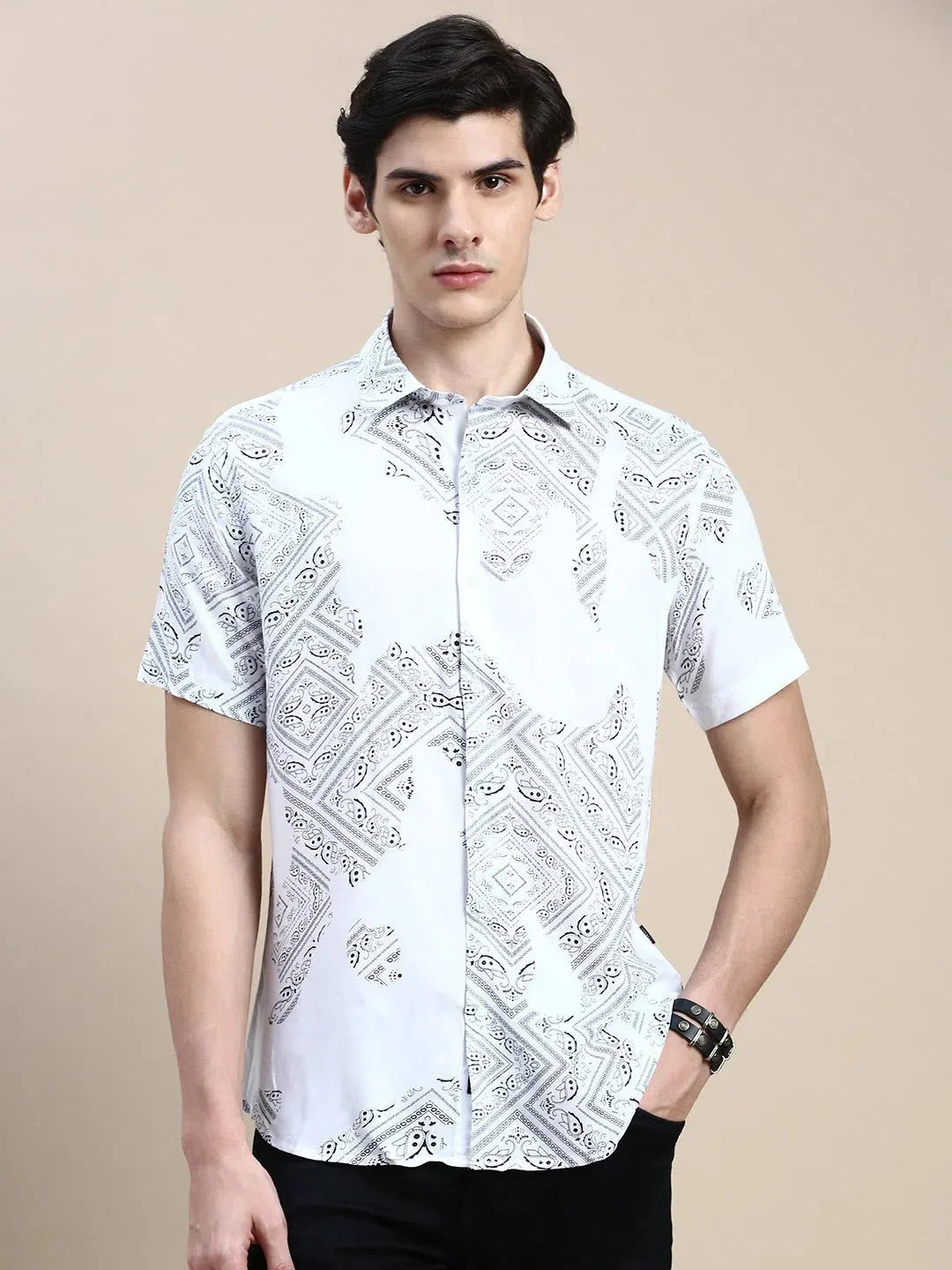 White Printed Mens Shirt - Ethnic Motifs Cotton Shirt | DesiQlo