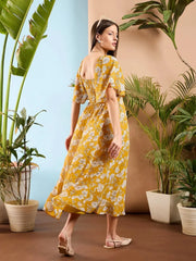 Women Yellow Floral Front Tie Midi Dress