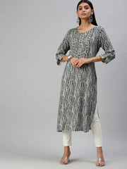Women's Cream & Blue Printed Straight Kurta-HO136-Cream-Blue