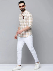 Men Beige Checked Casual Shirt-TIGER-0379-Beige