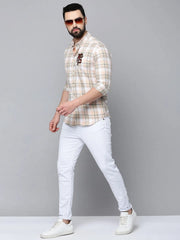 Men Beige Checked Casual Shirt-TIGER-0379-Beige