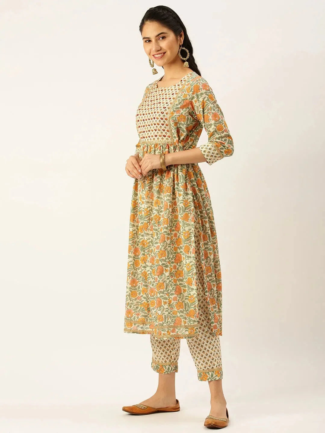 Cream Ethnic Print Cotton Designer Kurta Sets | Showoff