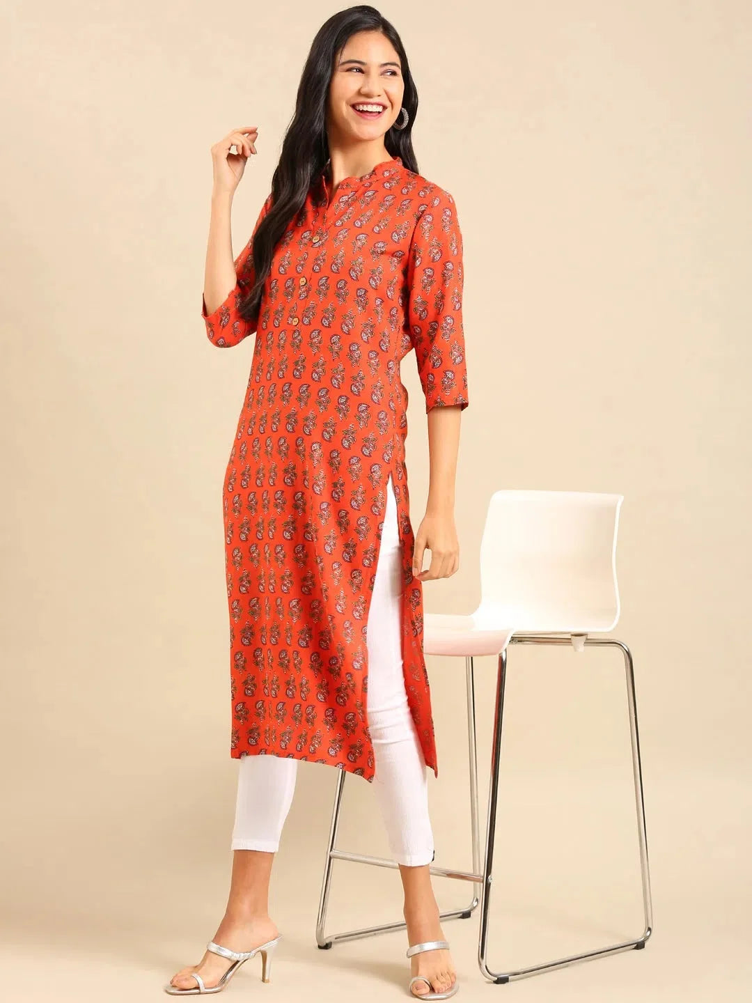 Orange Printed Kurta - Stylish Indian Kurtis for Women Online