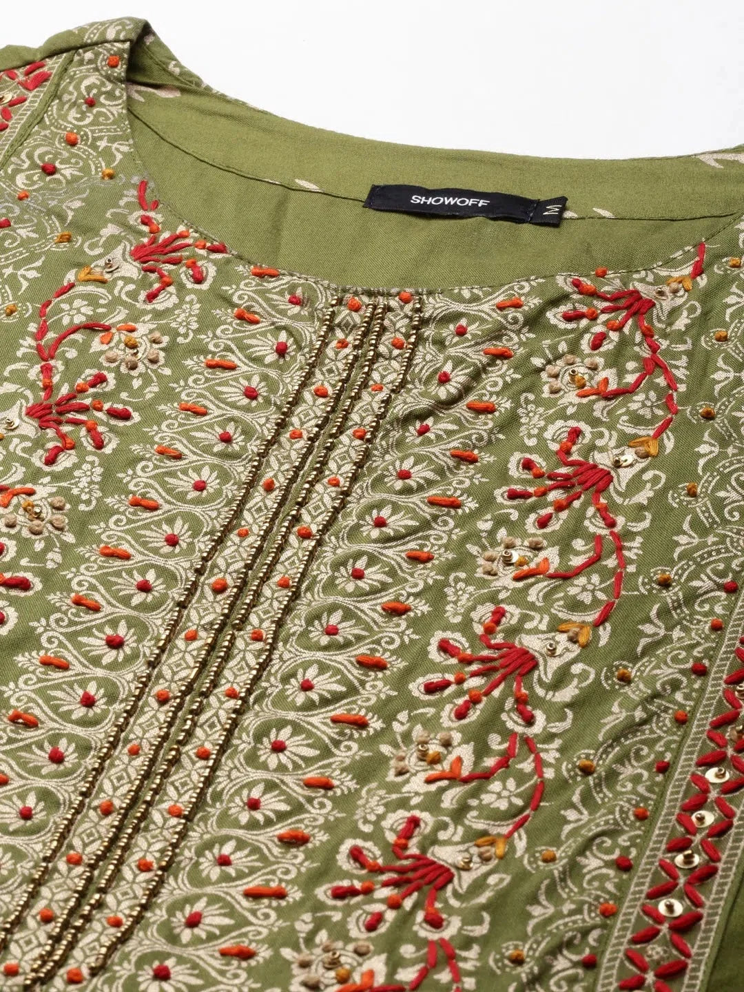 Olive Printed Anarkali Kurta for Women - Cotton Anarkali Gown