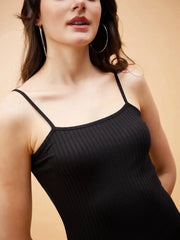 Women Black Rib Strappy Dress