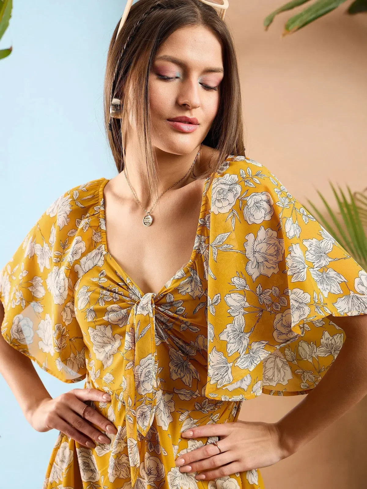 Women's Yellow Floral Midi Dress | Flared Hemline Design
