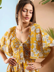 Women Yellow Floral Front Tie Midi Dress