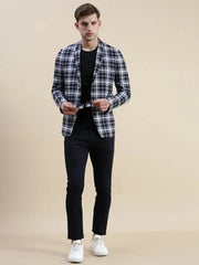 Men Navy Checked Casual Blazer-SOBLZ-31-8-Navyblue