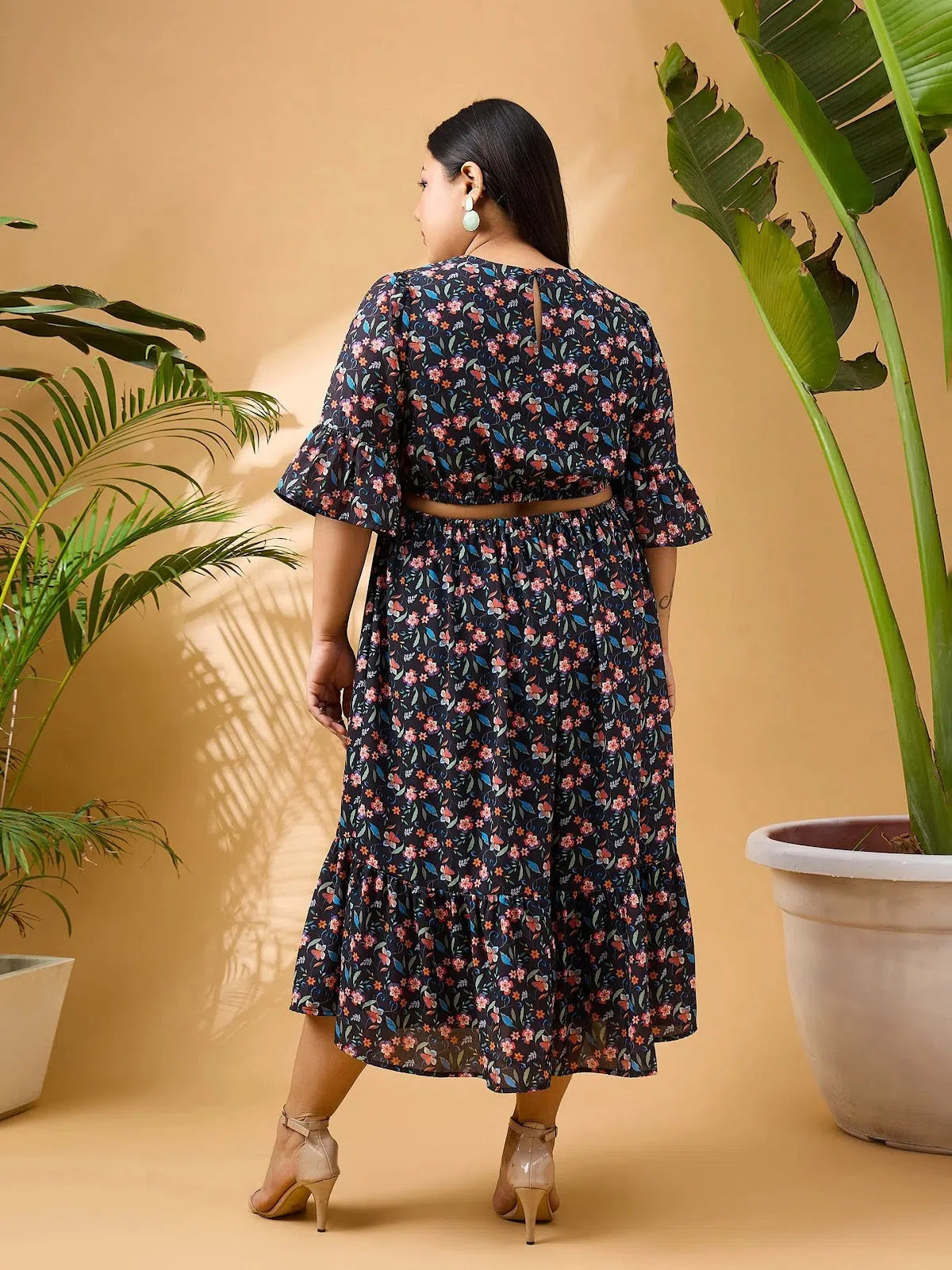 Black Floral Midi Dress - Side Cut Out, Fit & Flare Style