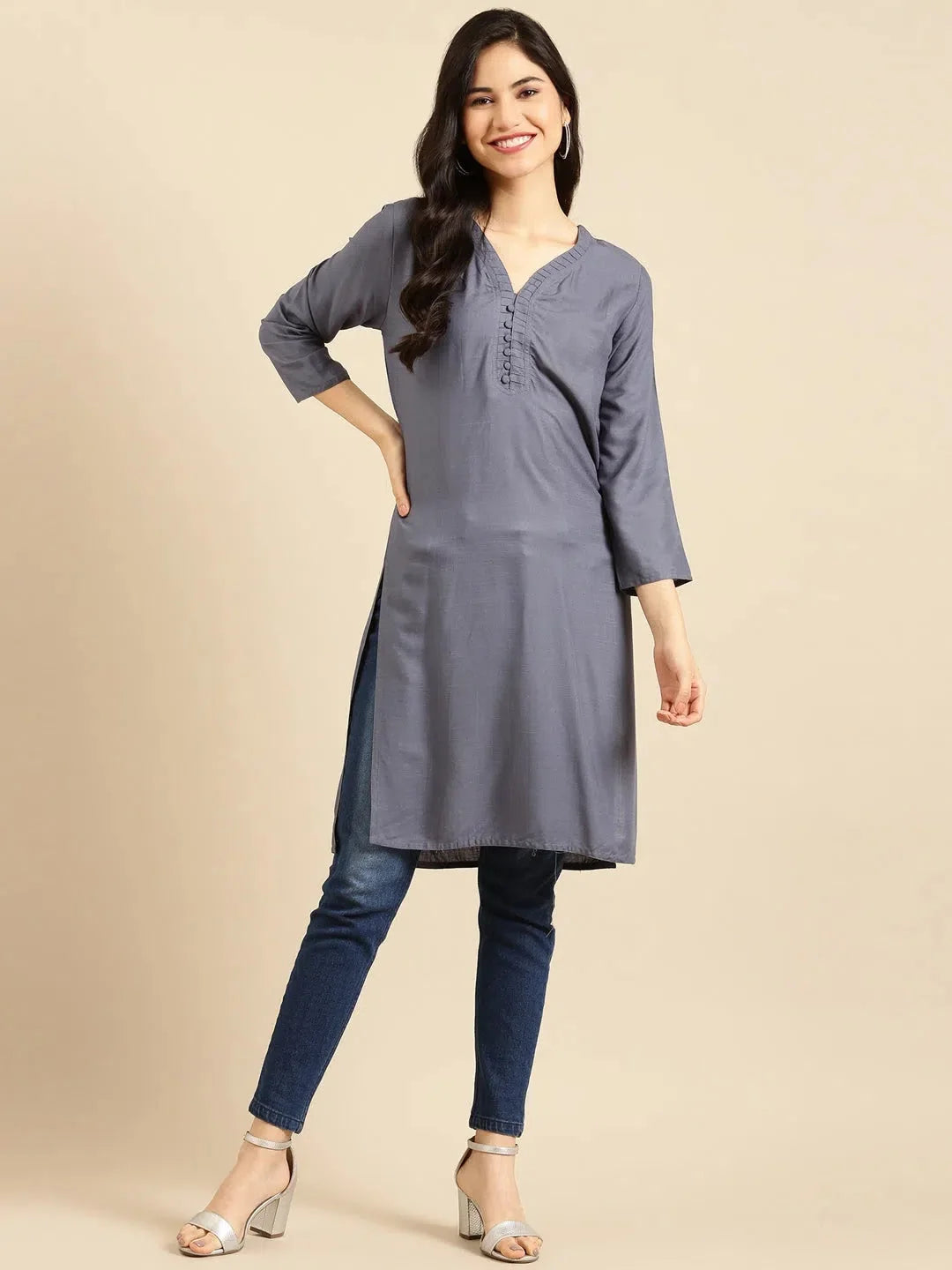 Grey Cotton Indian Kurti for Women | Solid Tunic Tops Online
