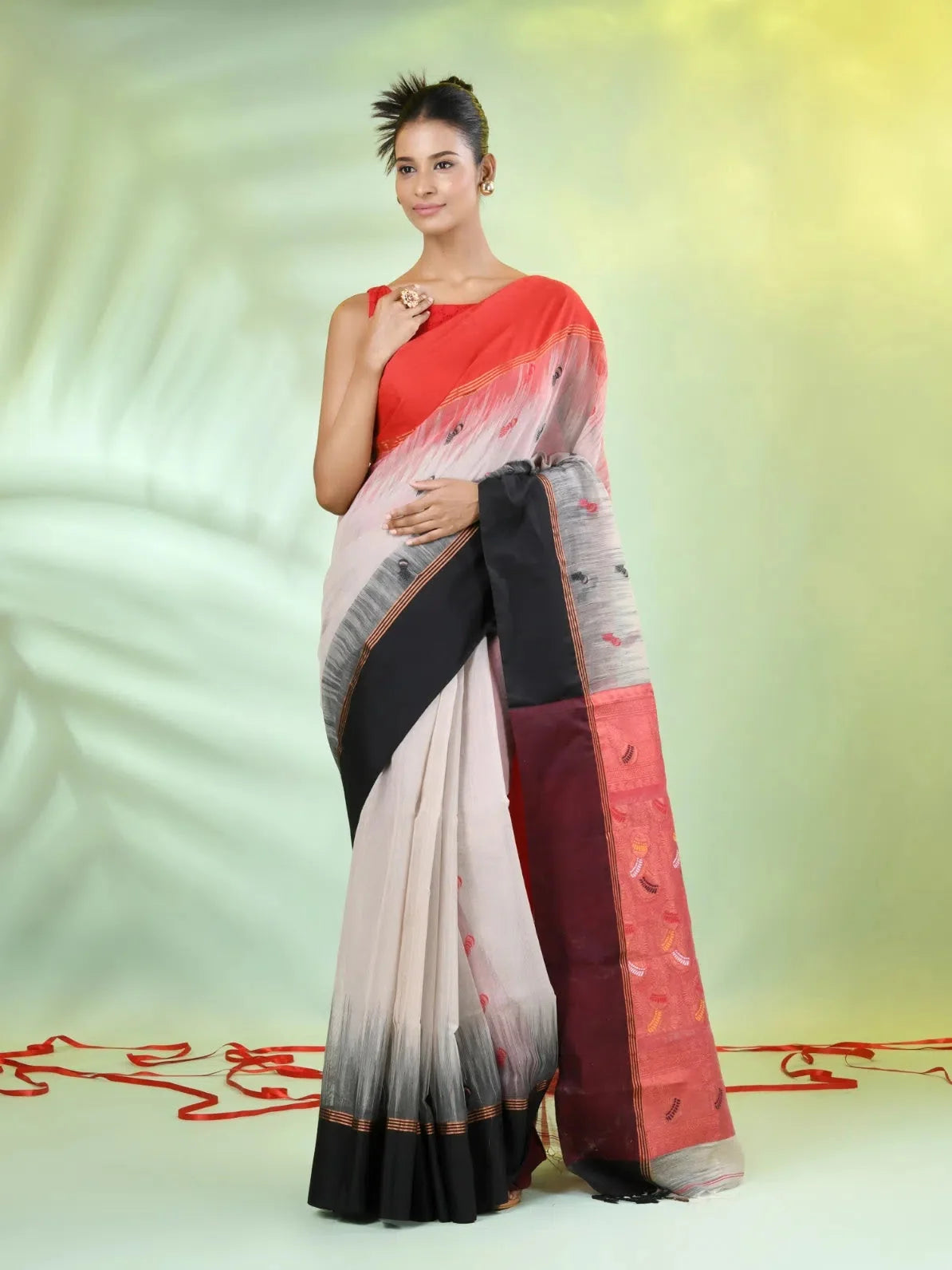Ecru Ikat Cotton Saree | Indian Sari with Ganga Jamuna Border