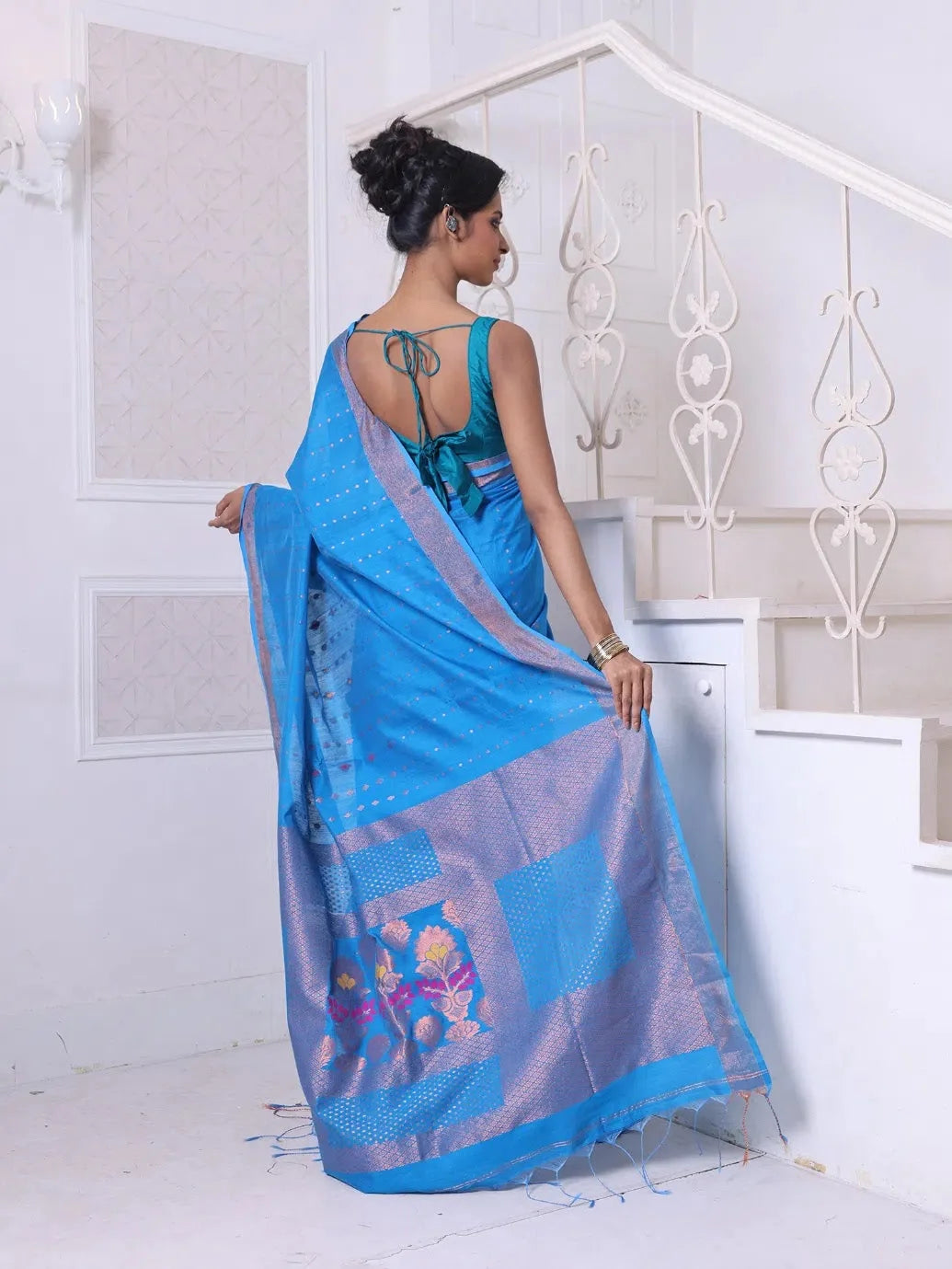 Sky Blue Cotton Saree with Zari | Ethnic Indian Sarees