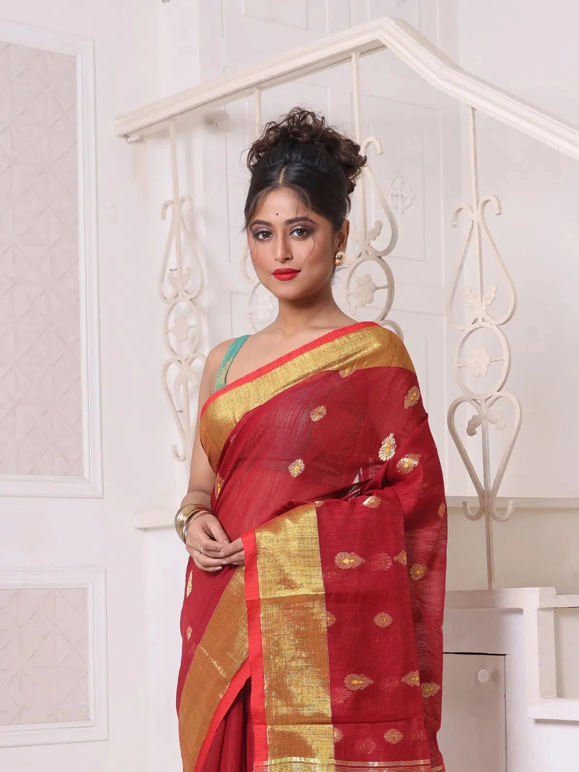Maroon Cotton Indian Sari with Zari Border