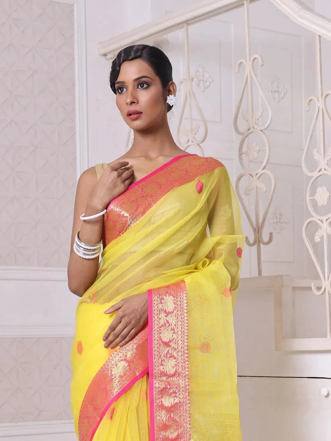 Yellow Linen Saree with Zari - Indian Sarees