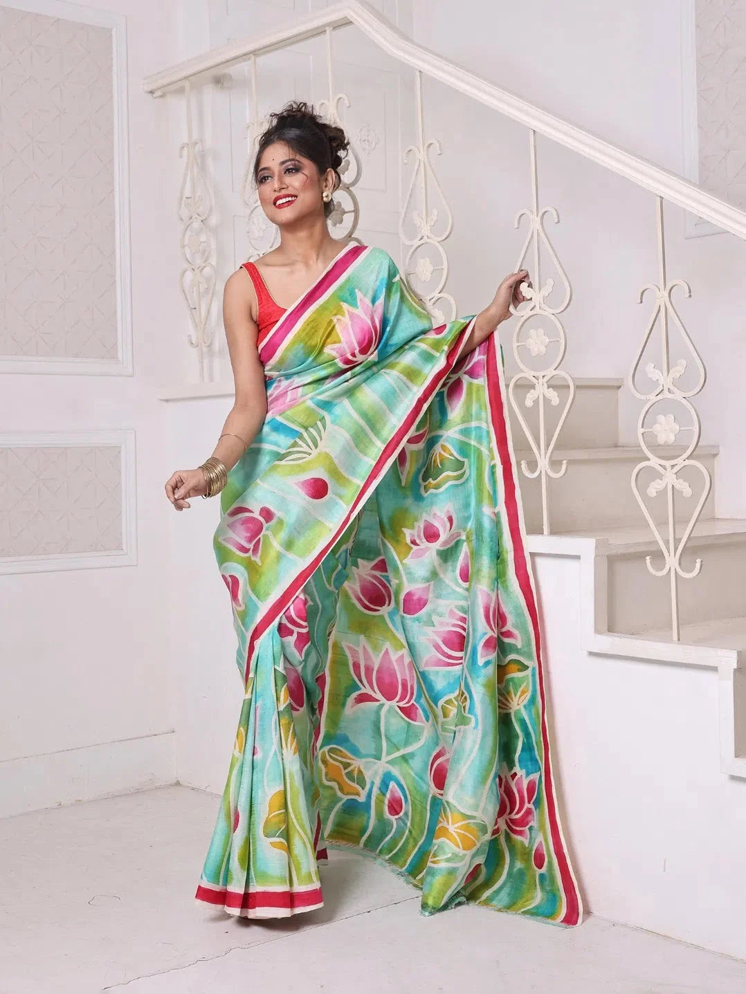 Sea Green Lotus Hand Painted Silk Saree | Indian Wedding Sarees