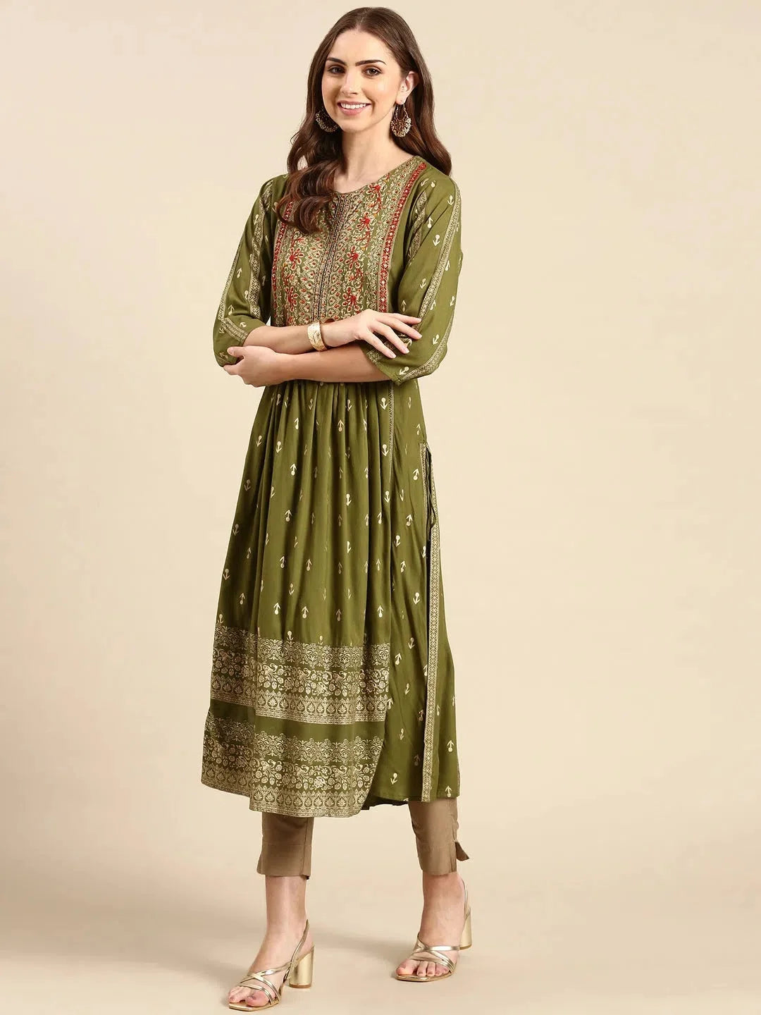 Olive Printed Anarkali Kurta for Women - Cotton Anarkali Gown