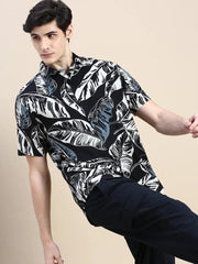 Men Black Floral Casual Shirt-GEORGE-1616-Black