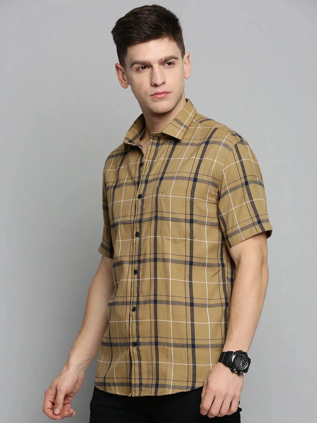 Men's Beige Checkered Shirt - Cotton Mens Shirt DesiQlo