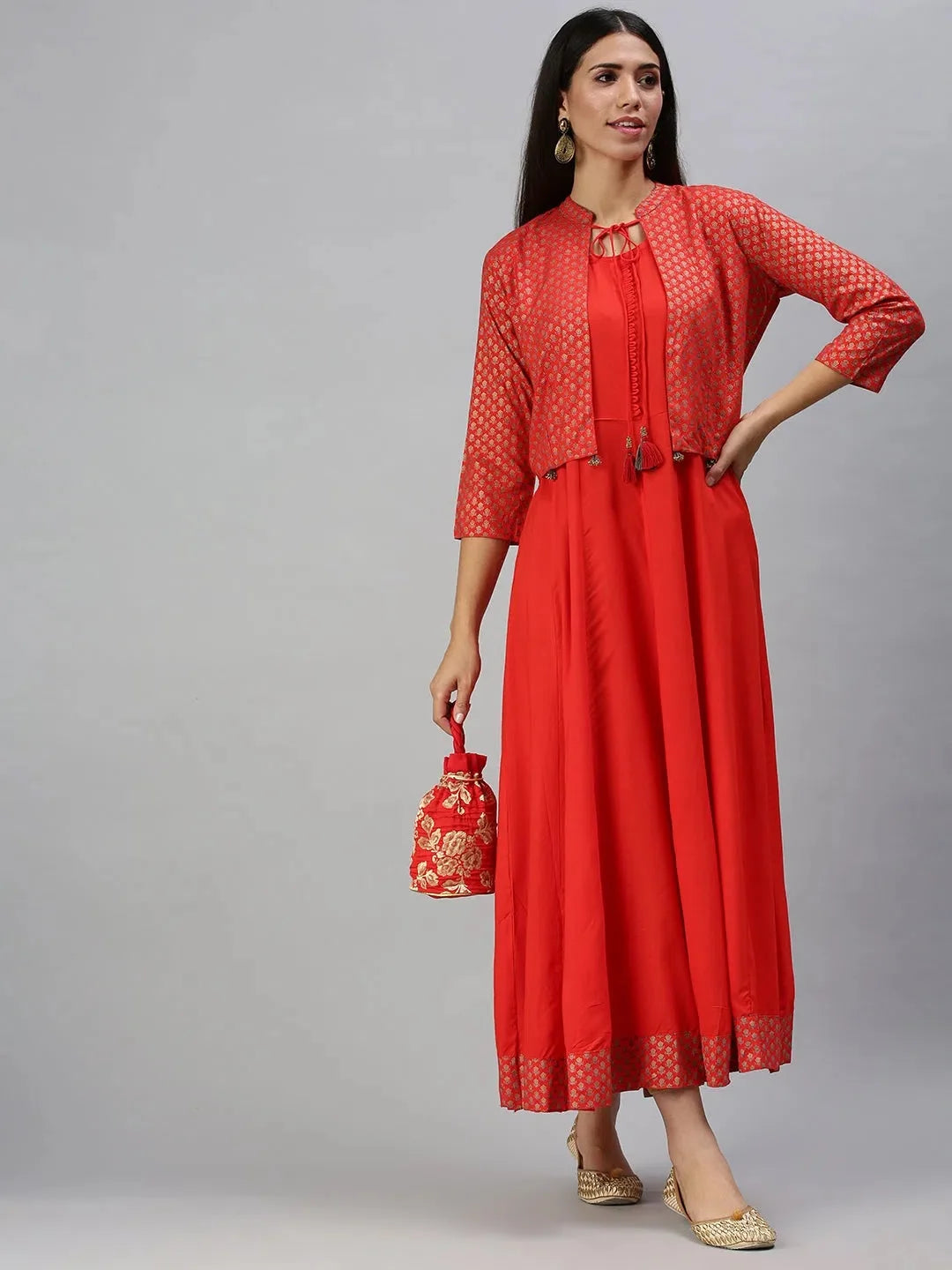 Red Printed Anarkali Kurti for Women - Cotton Anarkali Suit