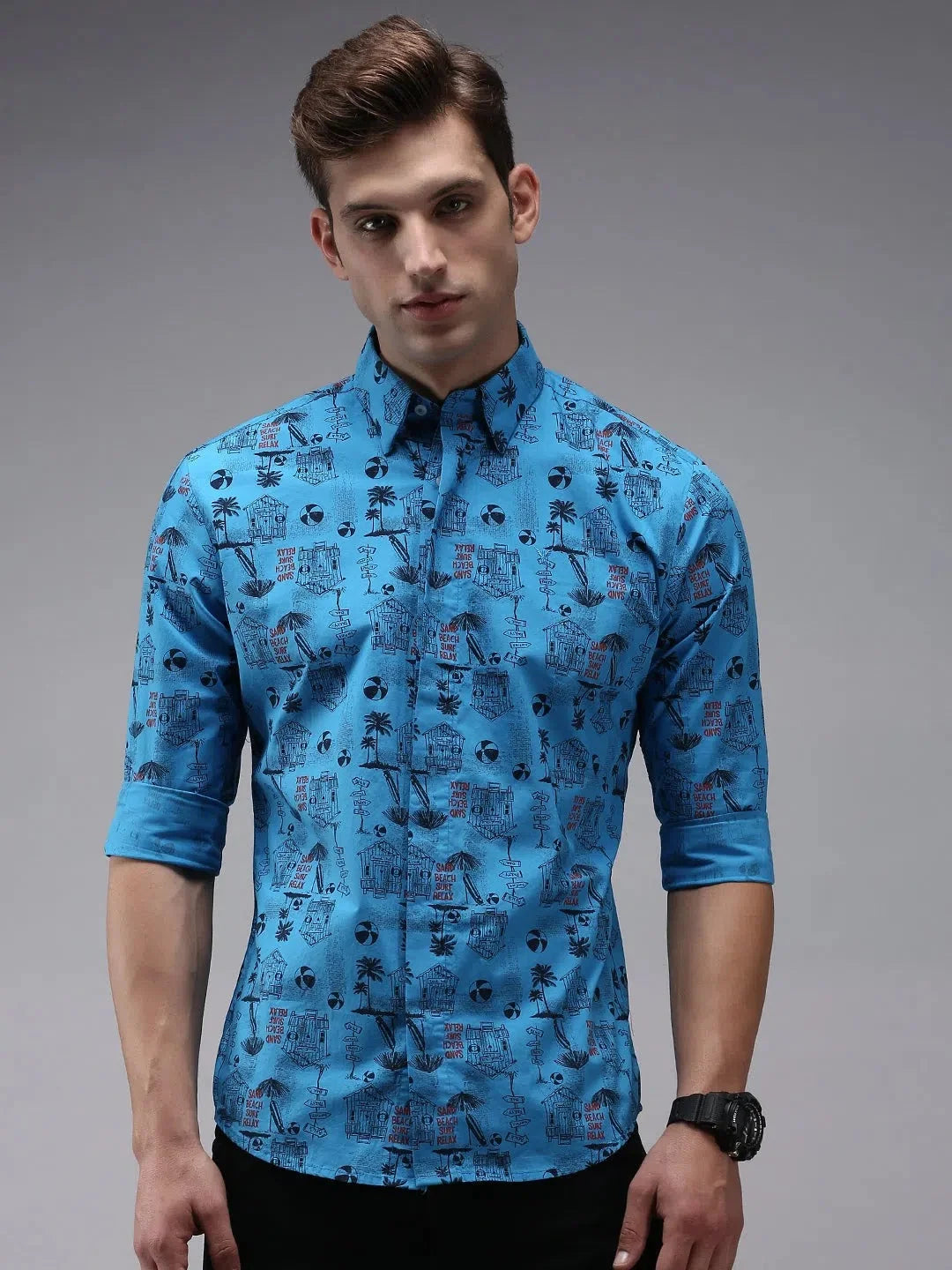 Blue Printed Mens Shirt | Cotton Casual Shirt - DesiQlo