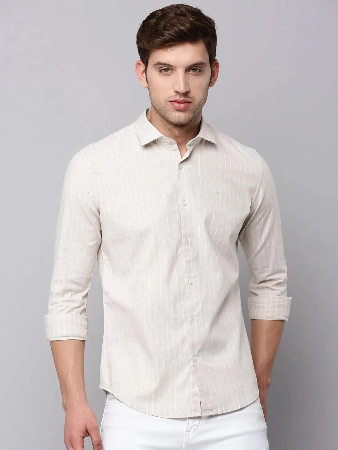 Beige Striped Mens Shirt - Cotton Linen Shirt | DesiQlo