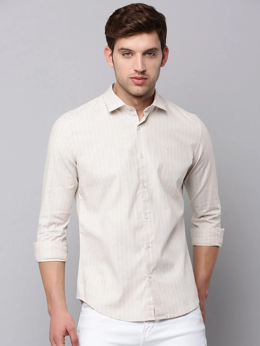 Beige Striped Mens Shirt - Cotton Linen Shirt | DesiQlo
