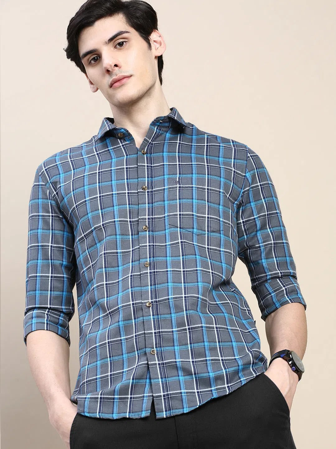 Grey Checked Cotton Mens Shirt - Casual Style
