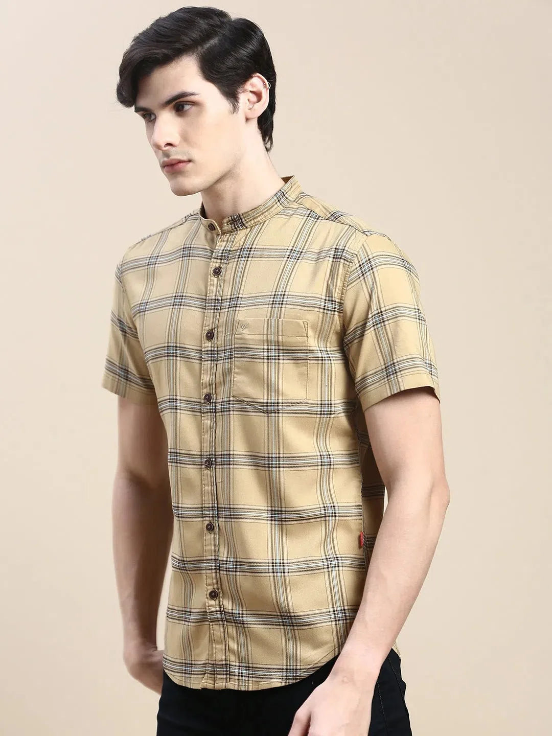 Beige Checked Cotton Mens Shirt - Casual Formal Shirts