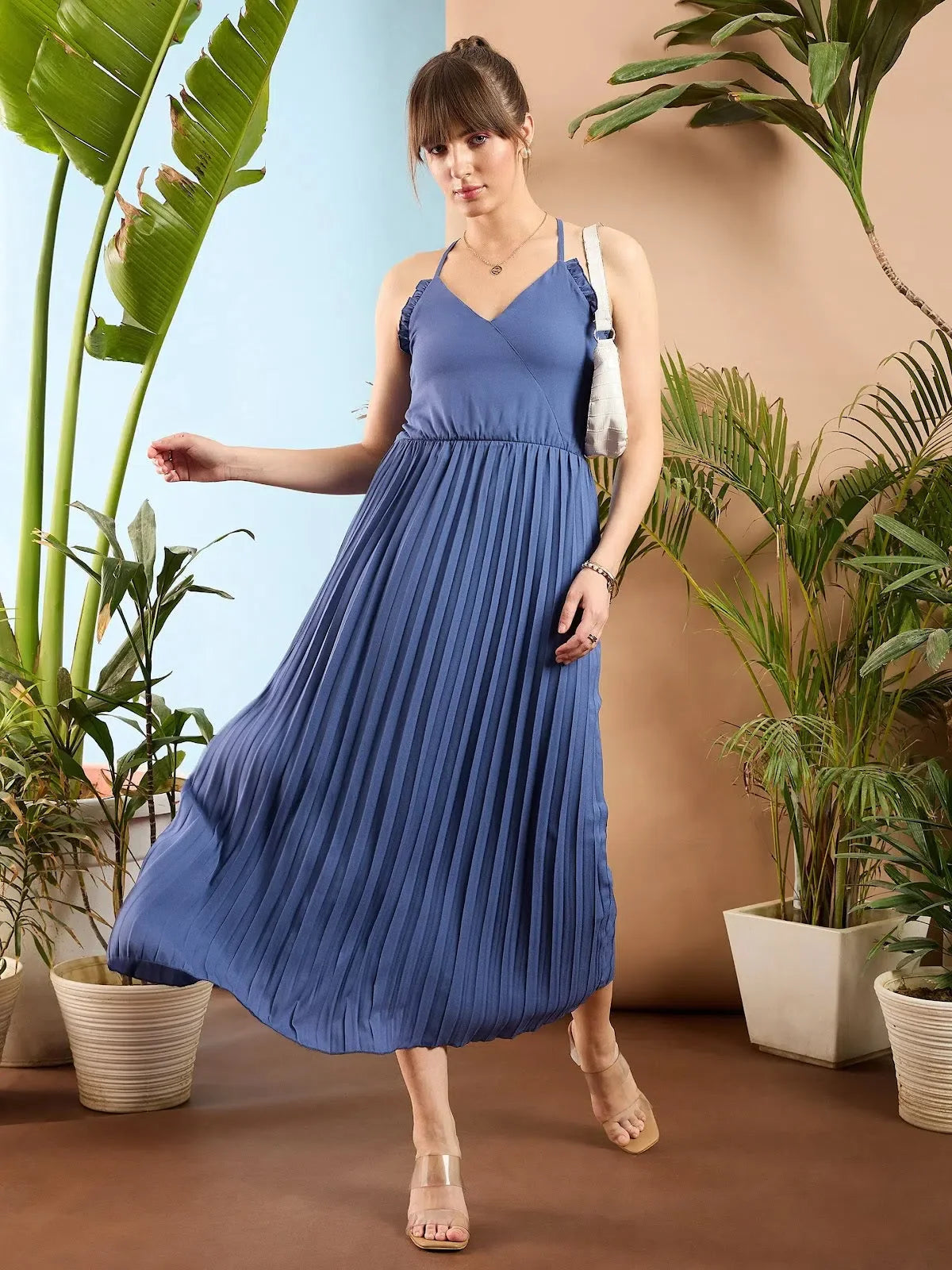 Blue Pleated Maxi Dress | Women's Strappy Designer Lehenga Style