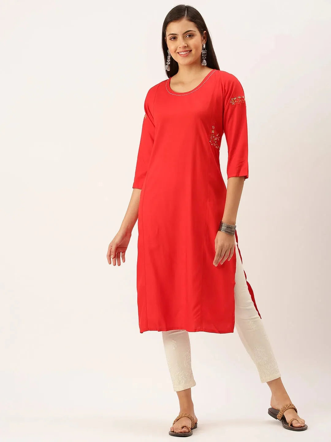 Red Embroidered Indian Kurta for Women- Cotton | DesiQlo