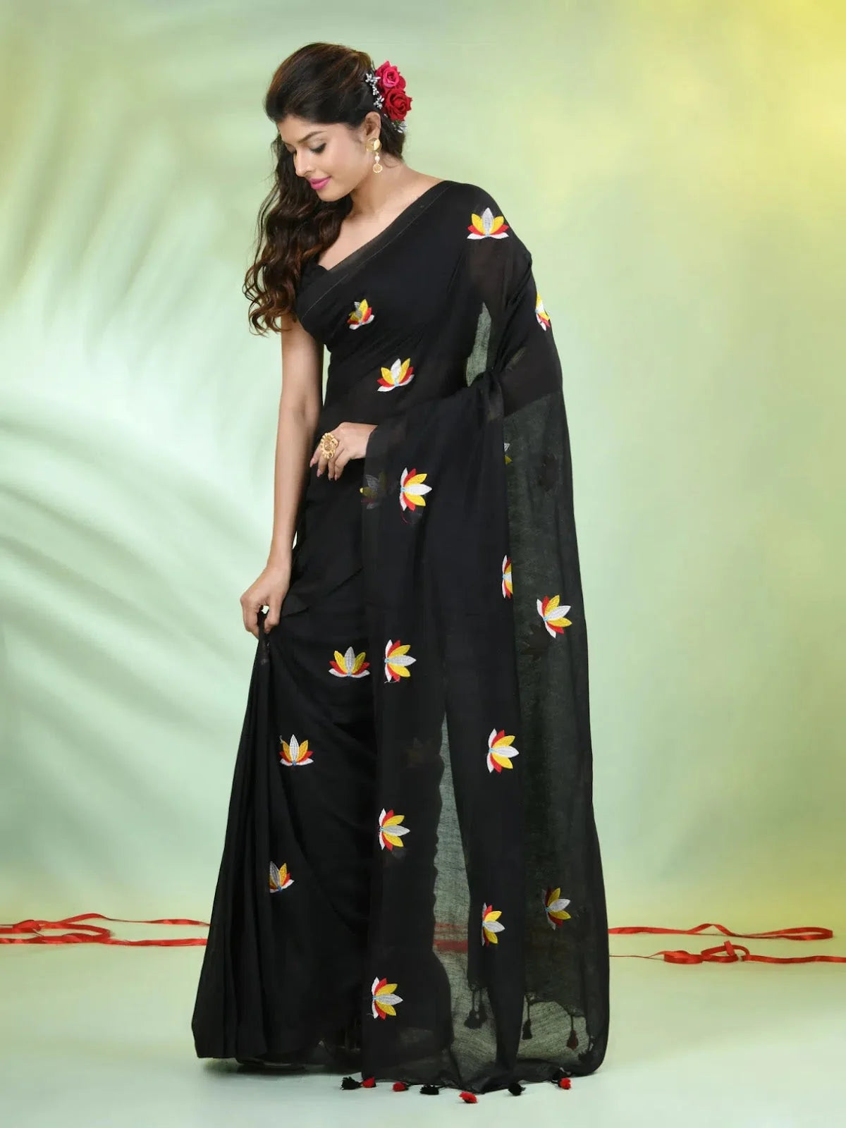 Black Embroidered Cotton Saree | Indian Sari Elegance