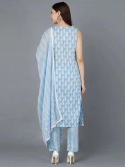 Women Blue Cotton Printed Straight Kurta Pant Set With Dupatta-VKSKD1454