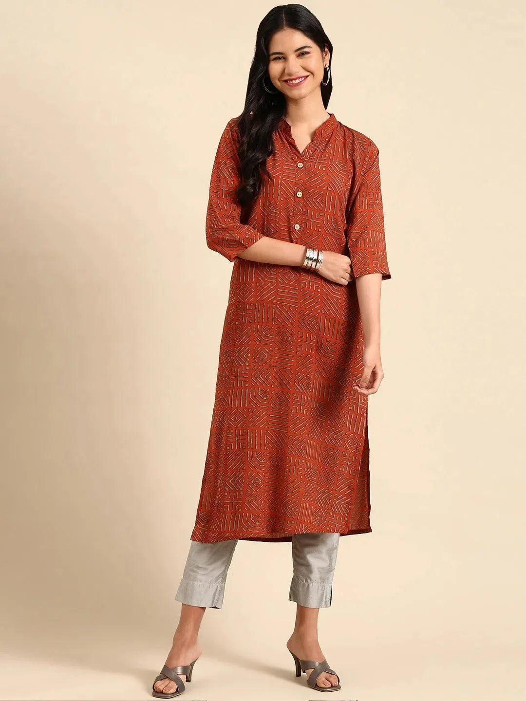 Orange Printed Indian Kurta for Women | Straight Kurtas Online